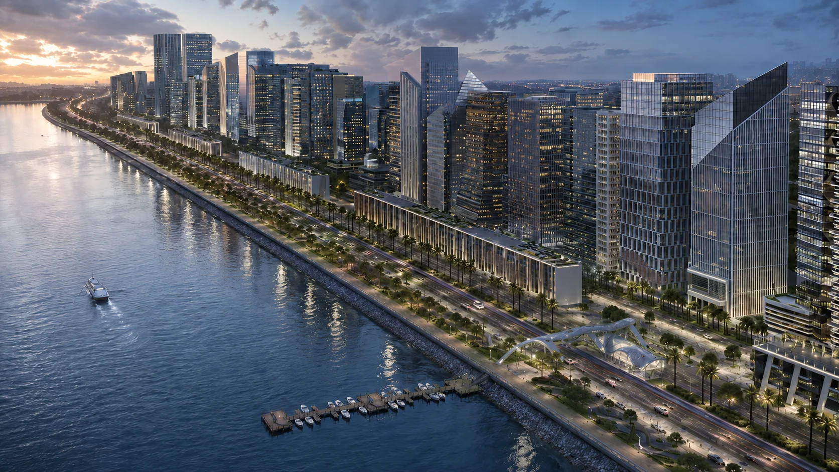 Illustrative commercial riverfront and waterfront promenade.