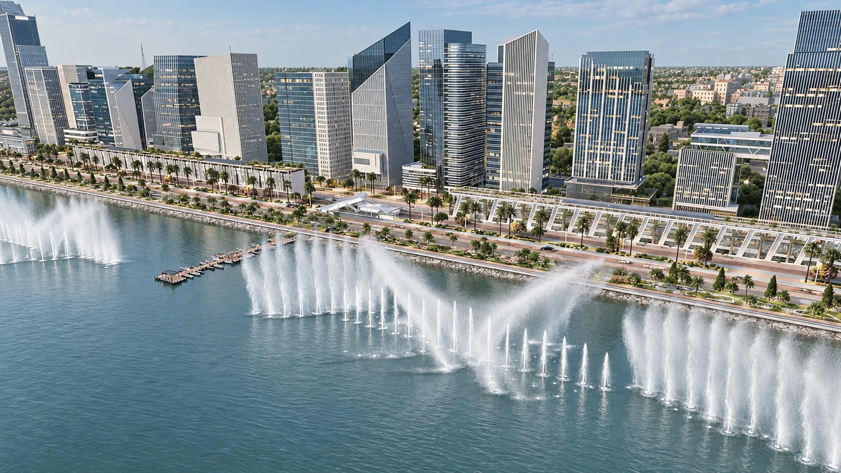 White dancing fountains along the Ravi riverfront in daylight.