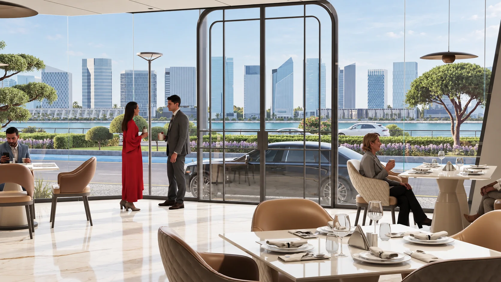 A light-filled dining space overlooking the Ravi.