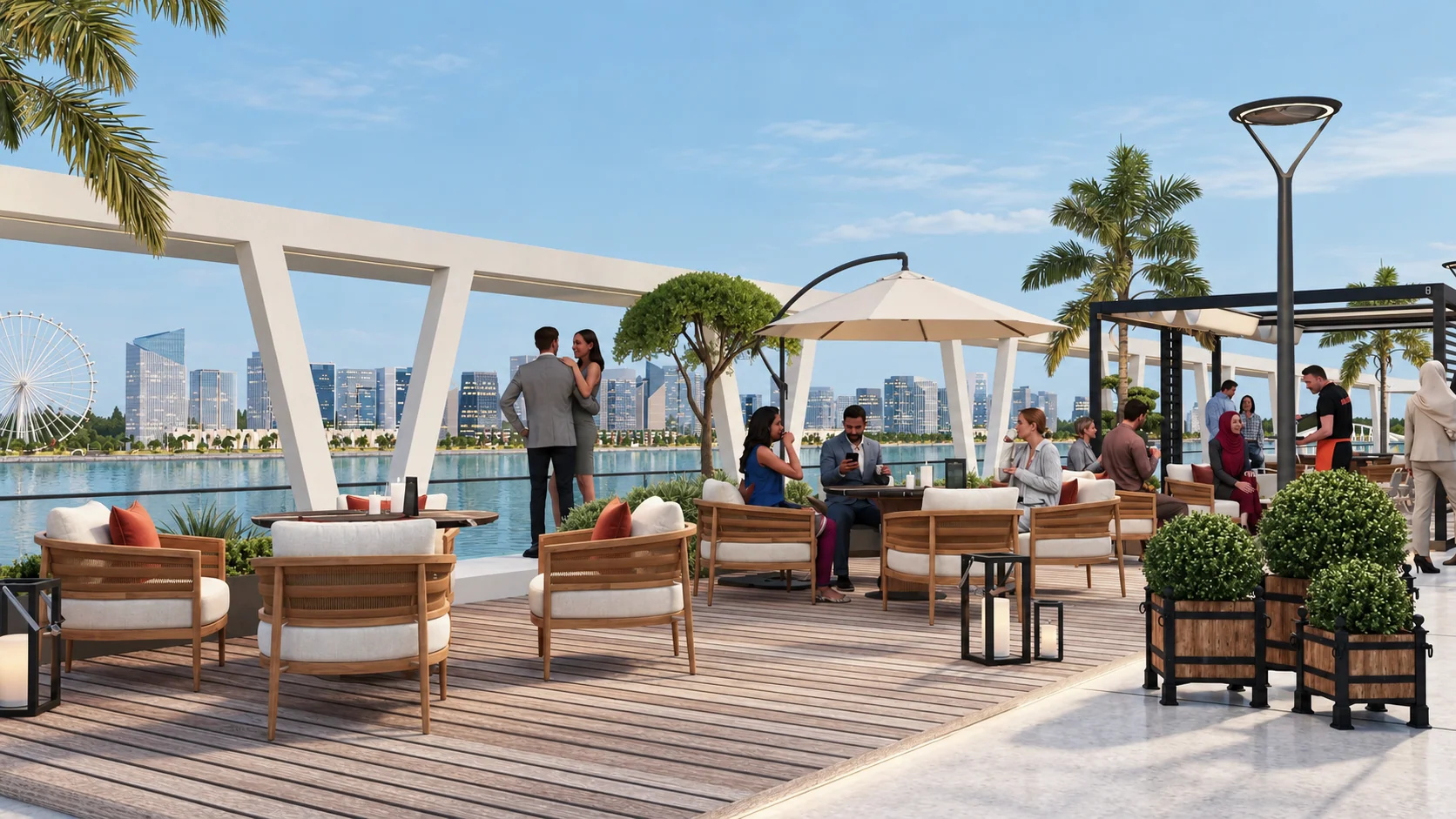 An outdoor lounge beneath white pergolas overlooking the Ravi.