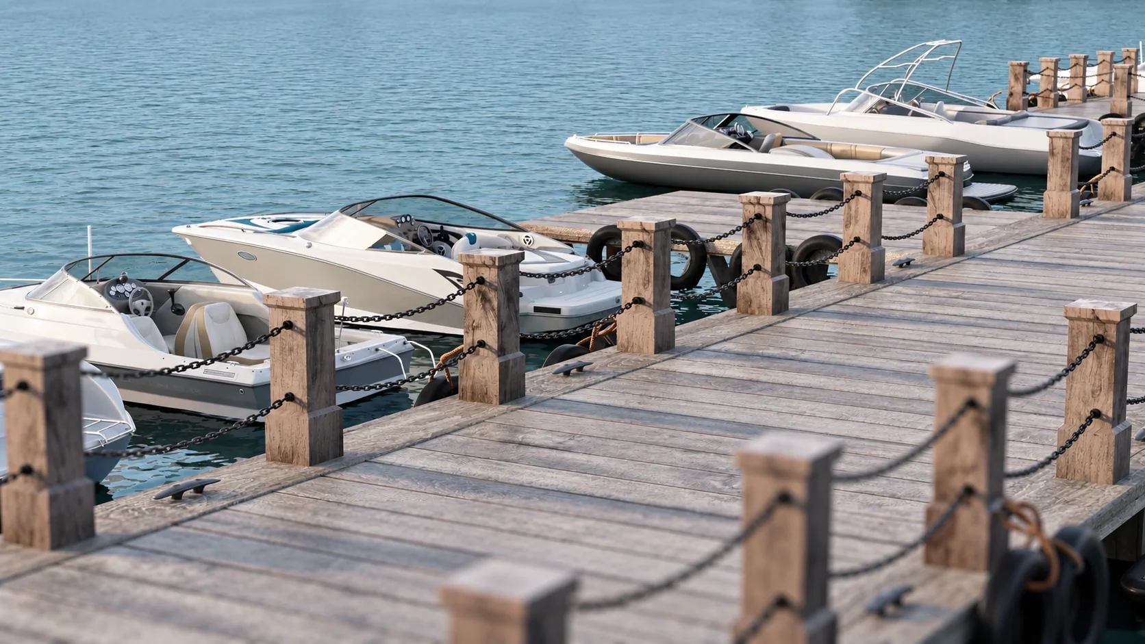 Leisure boats at a timber dock along the Ravi.