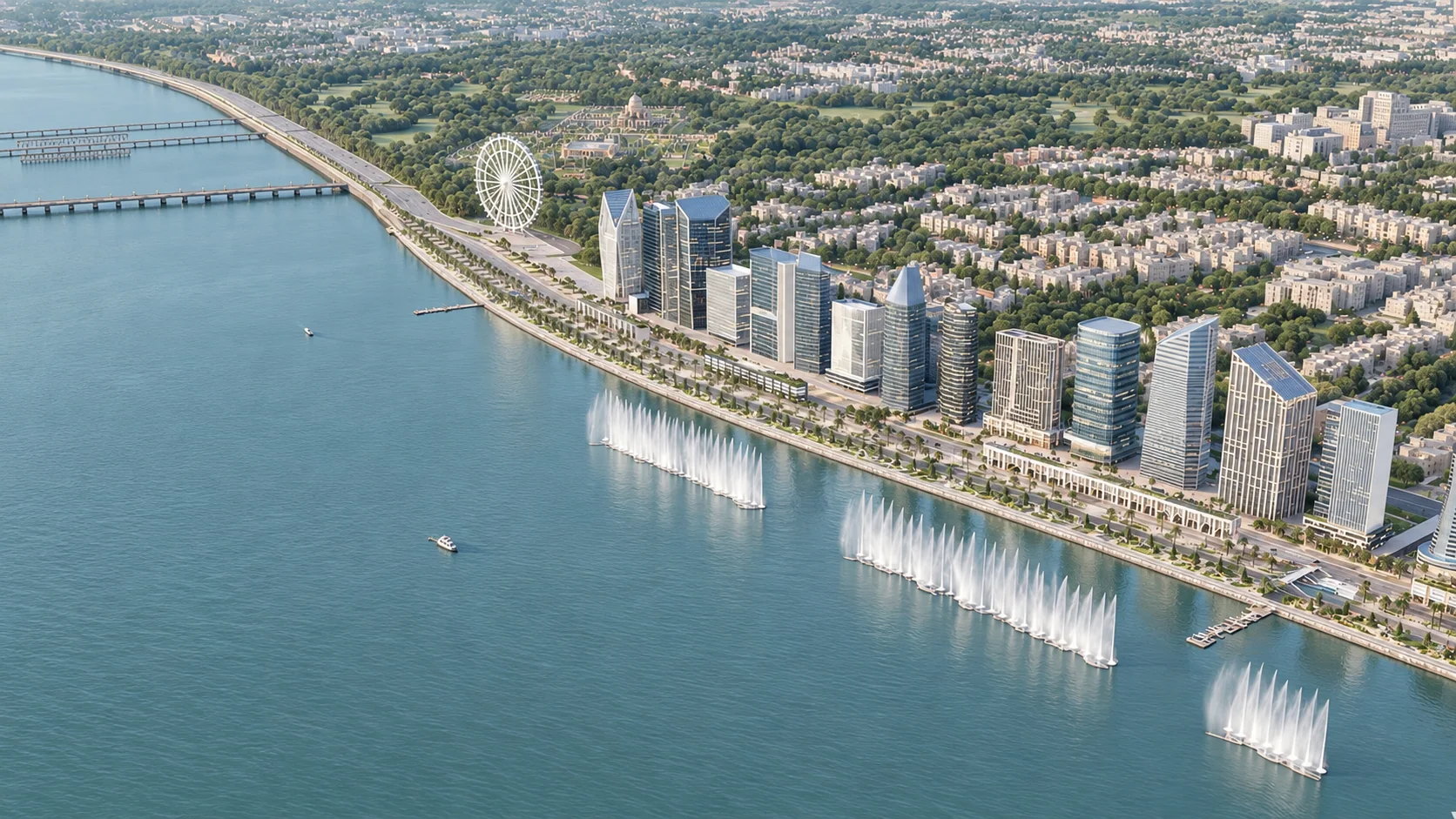 The riverfront fountain district, commercial buildings and observation wheel in daylight.