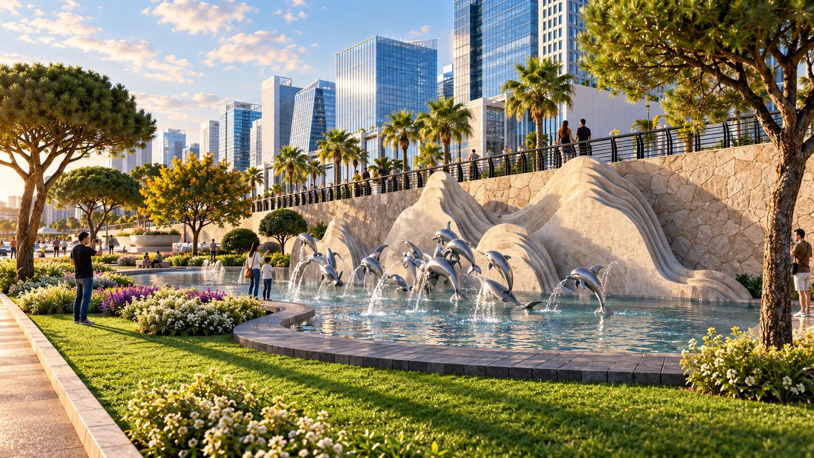 Sculptural dolphin fountains surrounded by gardens and riverfront buildings.