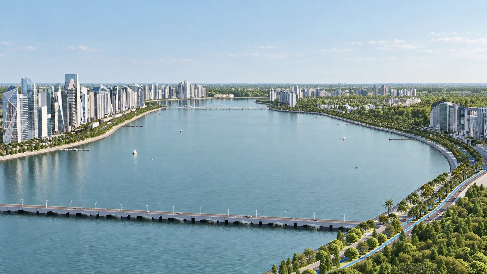 An aerial view of the Ravi, landscaped banks and planned commercial skyline.