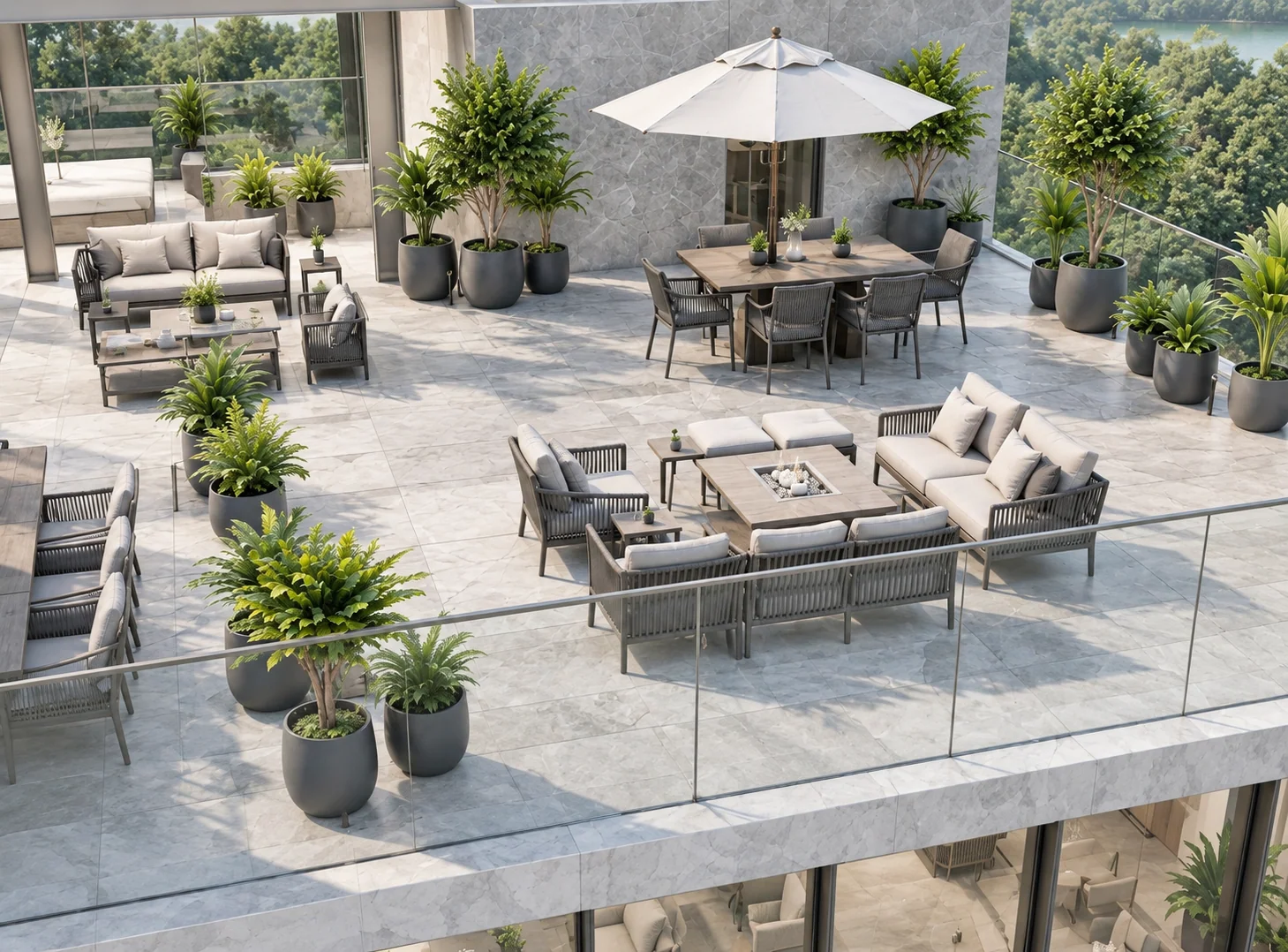 Qantara rooftop terrace with shaded dining and outdoor lounge seating.