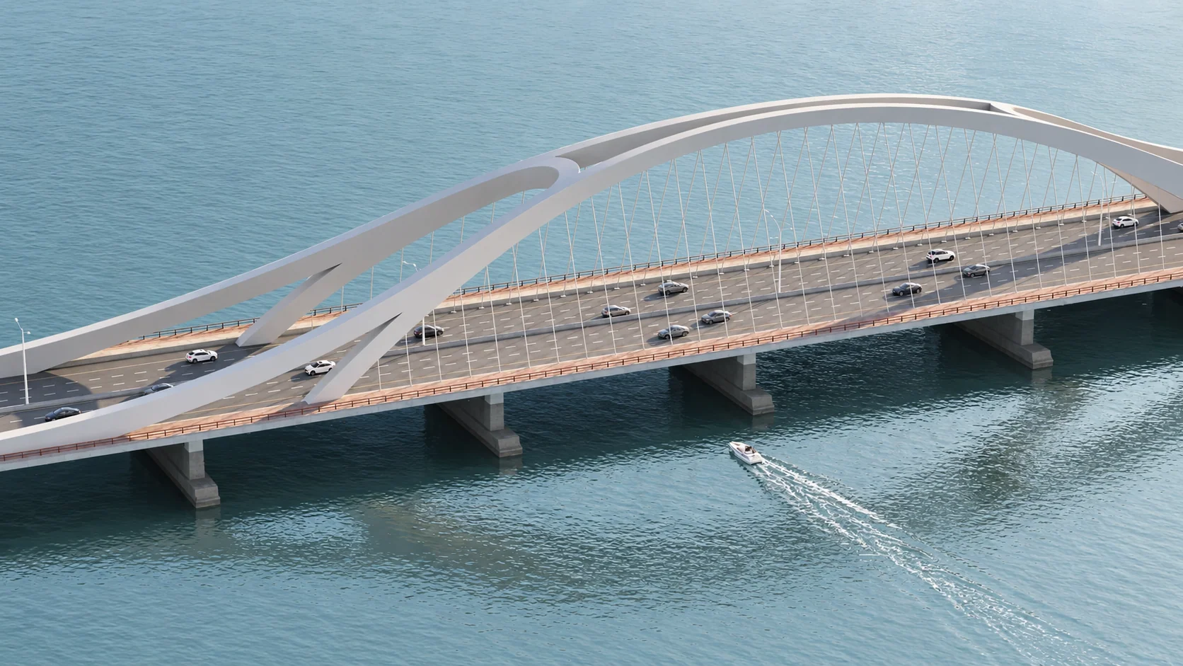 The white twin-arch bridge crossing the Ravi.