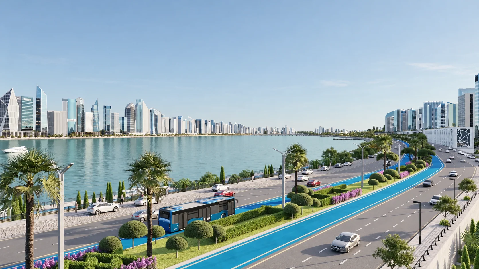 The planted riverfront boulevard and blue transit lanes beside the Ravi.