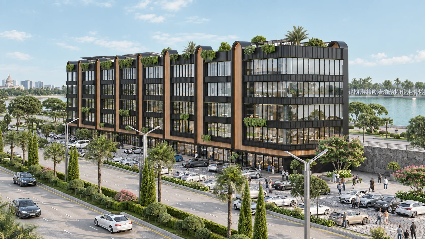Qantara’s commercial frontage, landscaped boulevard and planted roof terraces.