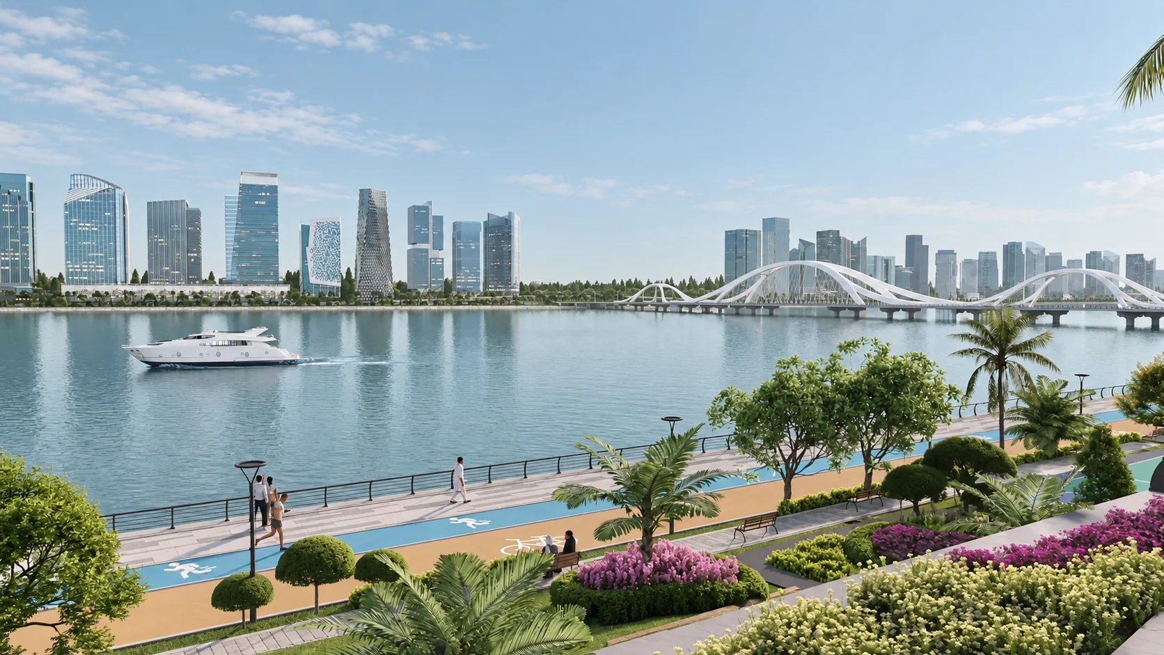 Landscaped walking and cycling paths beside the Ravi.