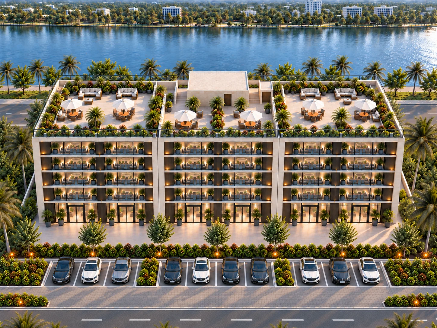 Qantara commercial blocks and rooftop terraces beside the Ravi.