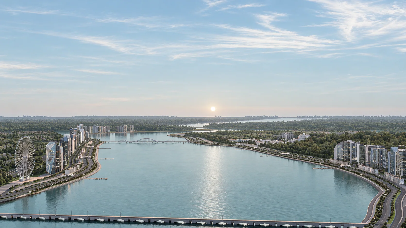 The Ravi river bend, commercial district and distant bridge.