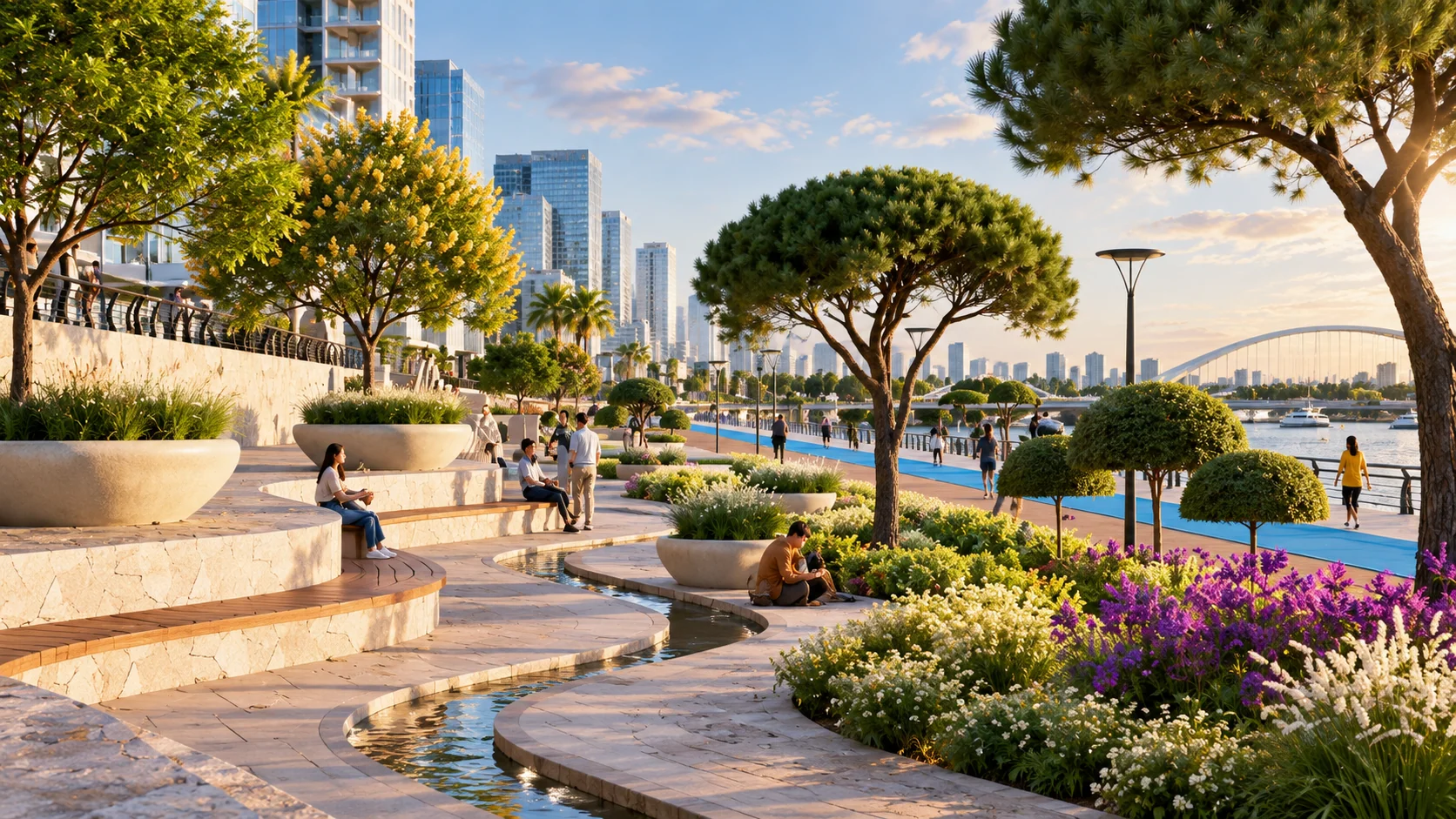 Terraced waterfront gardens with shaded seating and a bridge across the river.
