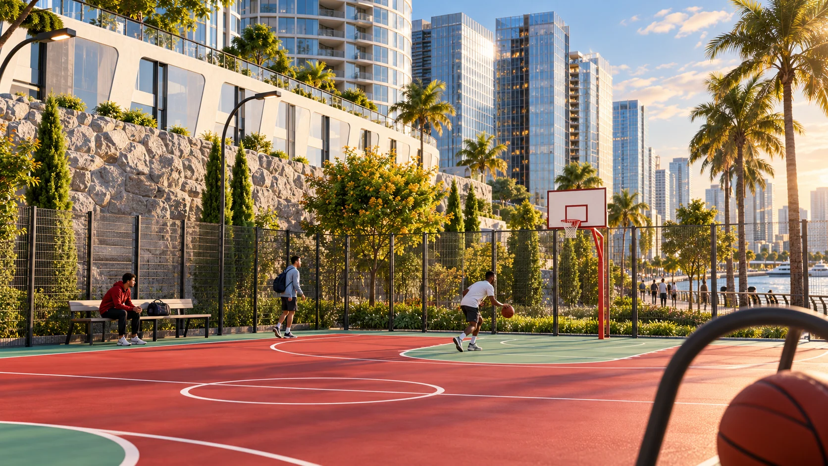 Basketball court beside landscaped riverfront paths and contemporary buildings.