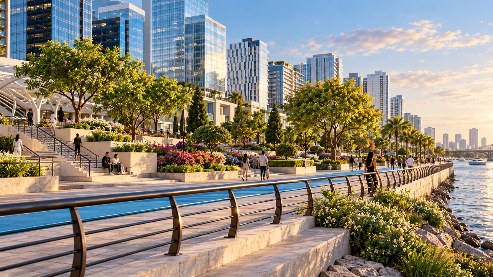 Landscaped riverfront promenade lined with contemporary buildings.