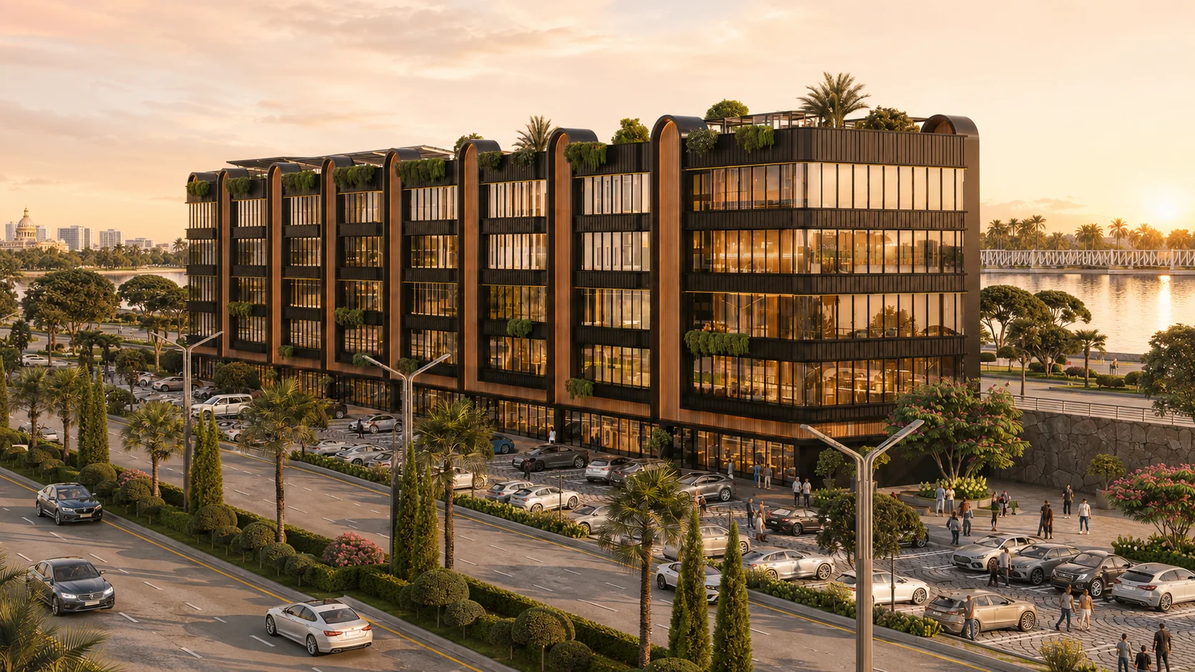 Architectural rendering of Qantara’s commercial buildings and landscaped riverfront.