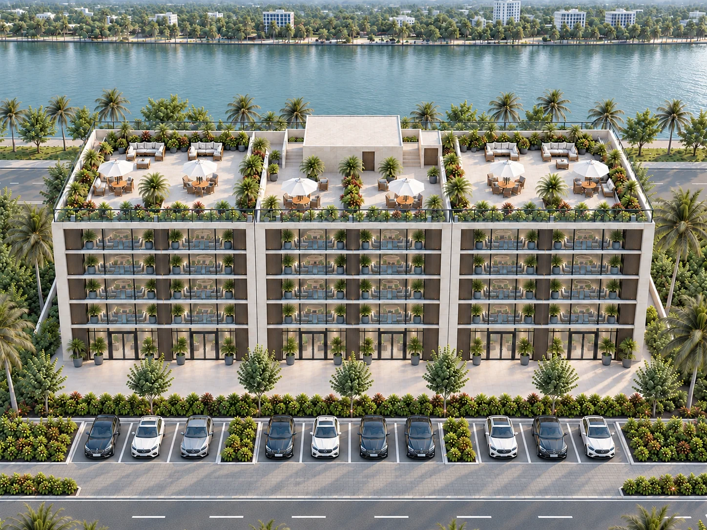 Qantara’s landscaped roof terraces and commercial buildings facing the Ravi.