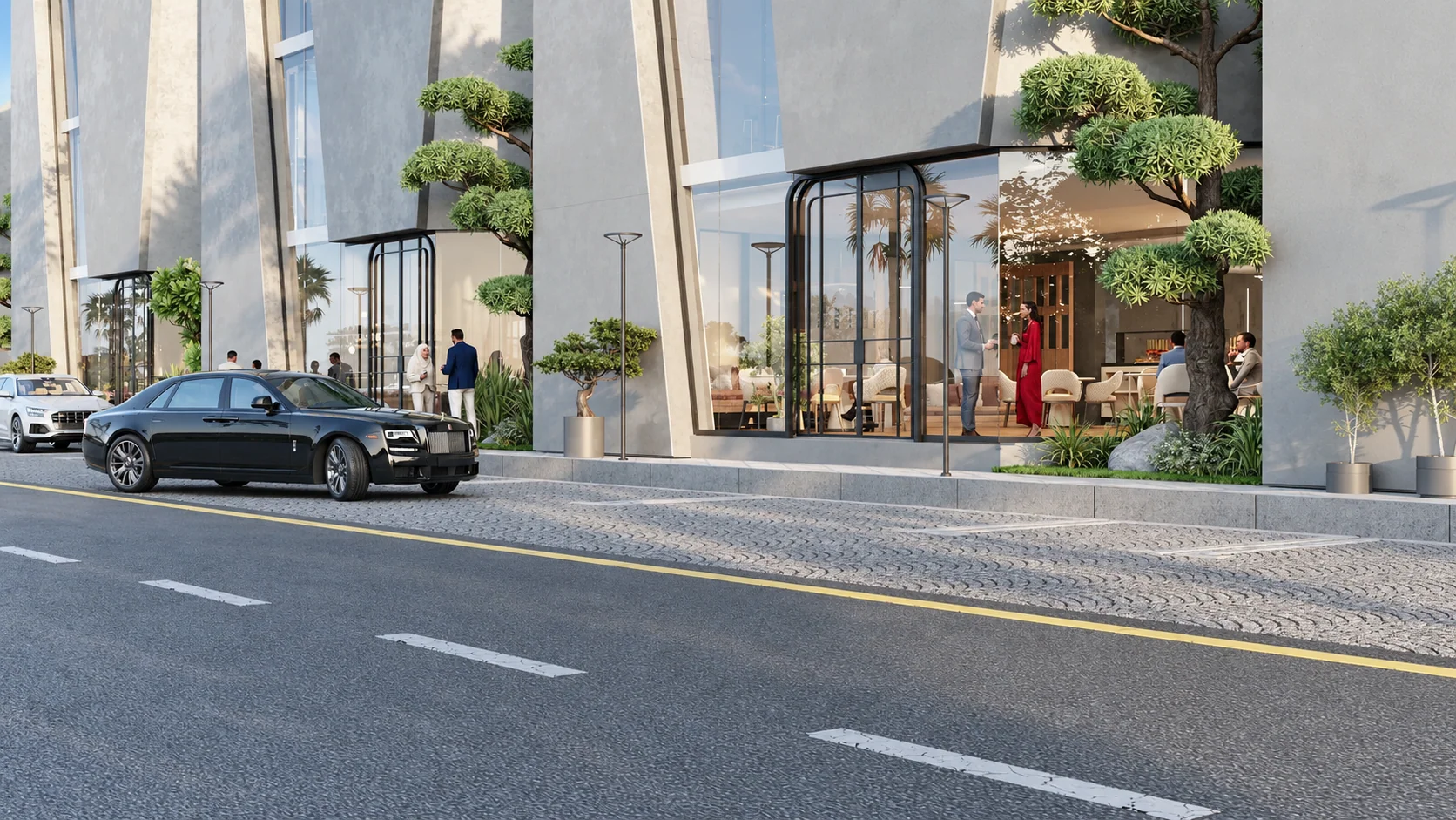 Qantara’s glazed commercial entrances and landscaped frontage.
